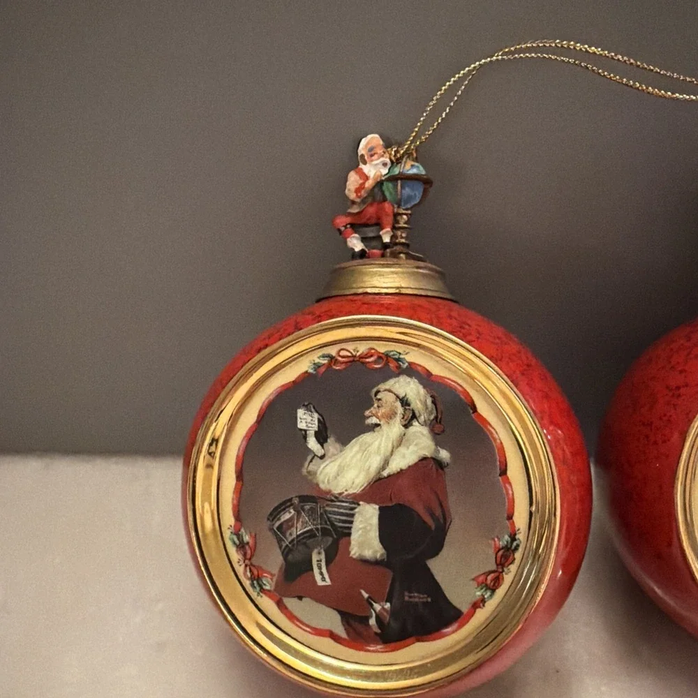 Vtg 1998 Bradford Editions Norman Rockwell Christmas Ornaments Set Of 2 Santa - Picture 2 of 9
